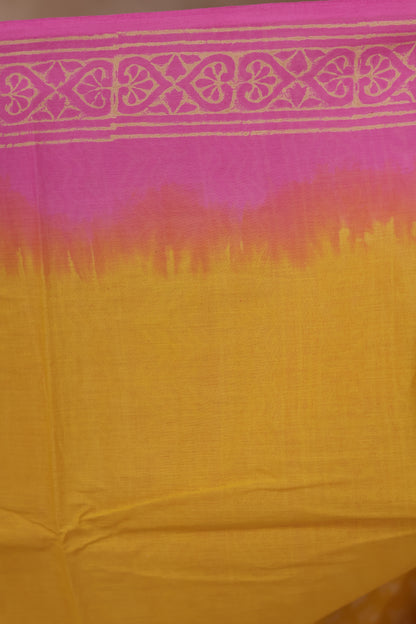 Baby pink & Yellow Bagru Handblock printed MulMul cotton saree | Looms & Tassels