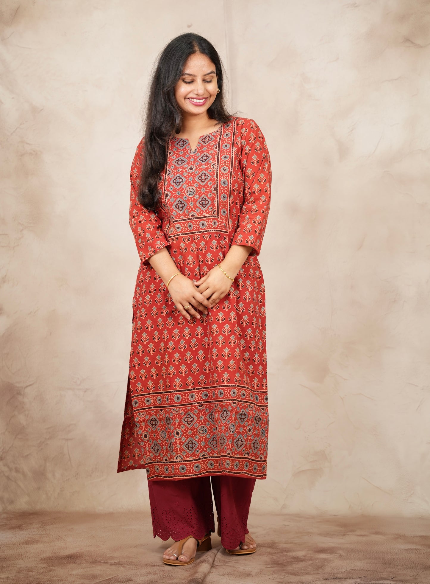 Red Ajrakh Pattern Hand Block printed Kurti | Looms & Tassels