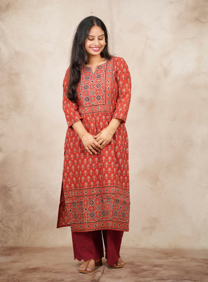 Red Ajrakh Pattern Hand Block printed Kurti | Looms & Tassels