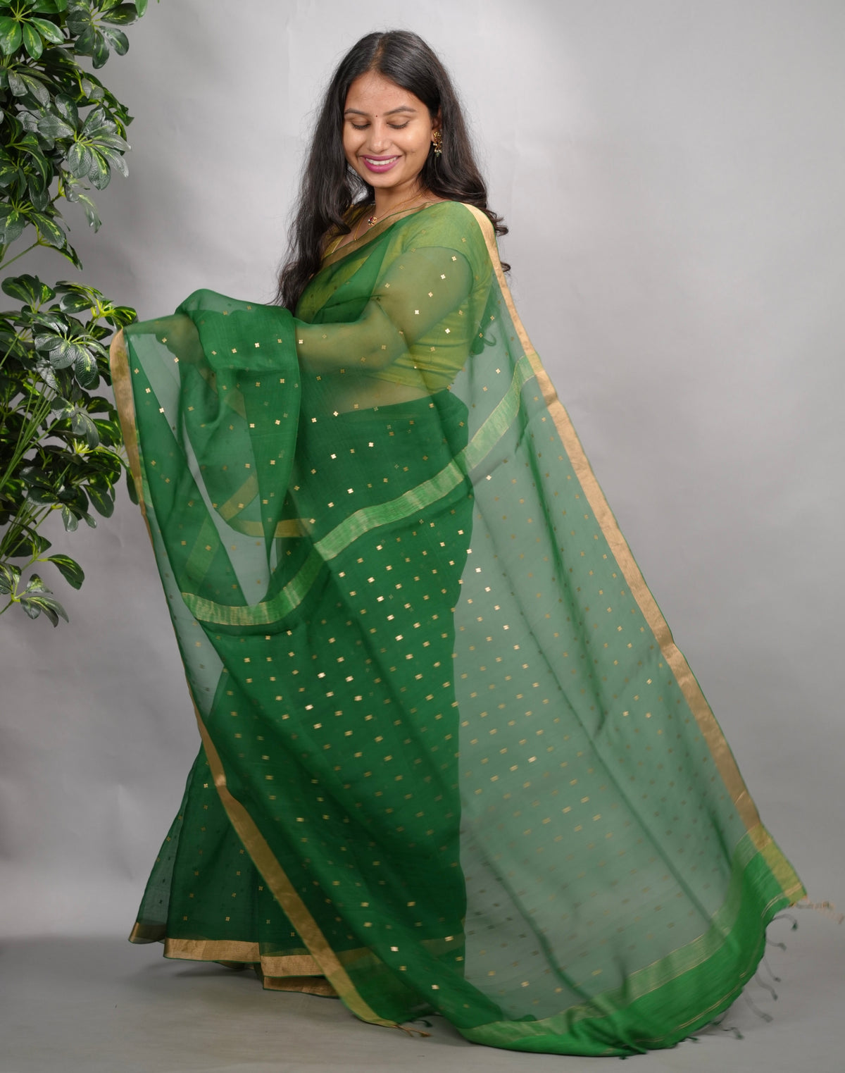 Bottle Green Handwoven Muslin Silk Saree With Sequence Work | Looms & Tassels