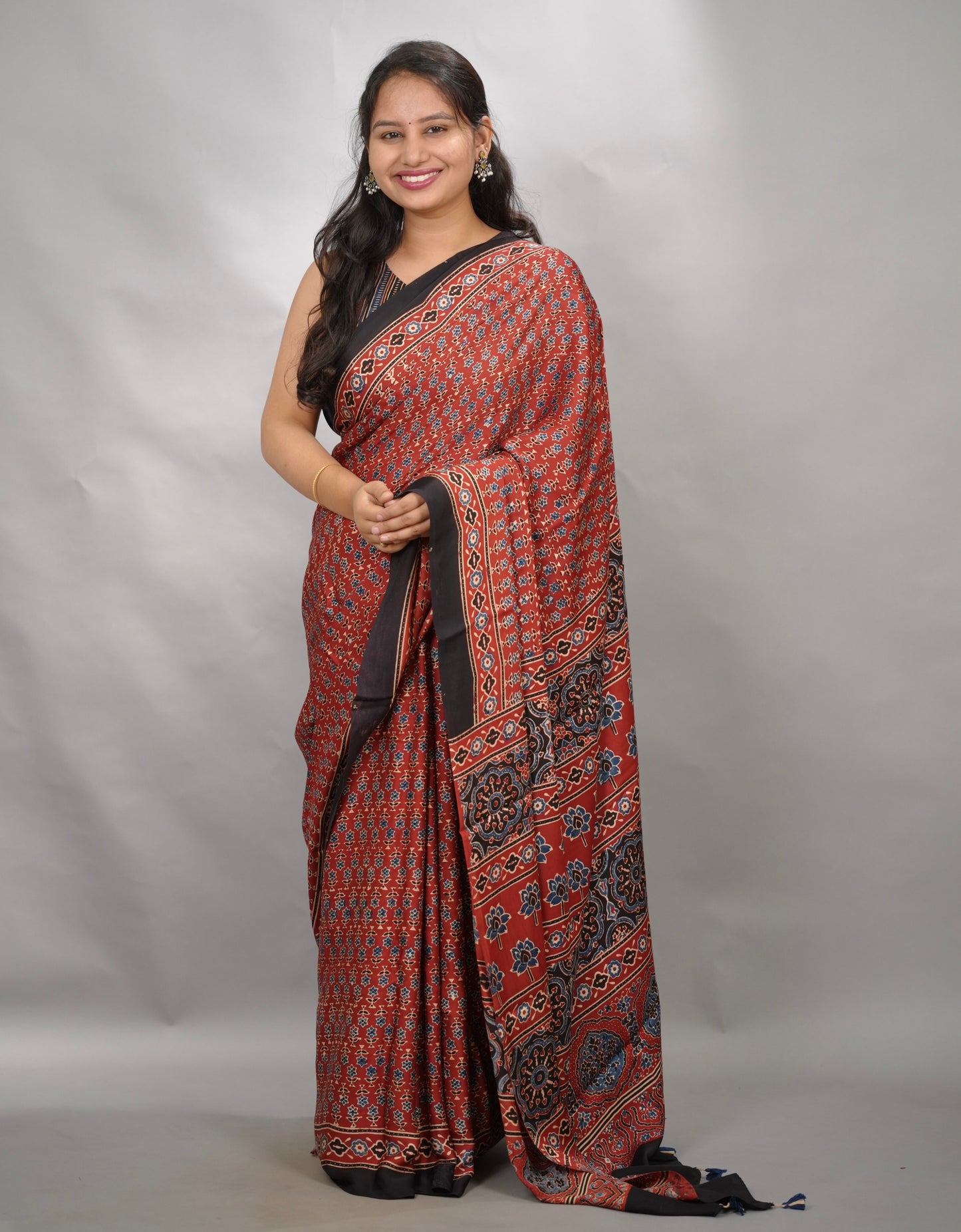 Maroon Small Print Authentic Ajrakh Handblock Printed Modal Silk Saree | Looms & Tassels