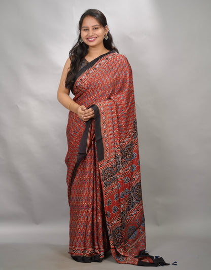 Maroon Small Print Authentic Ajrakh Handblock Printed Modal Silk Saree | Looms & Tassels