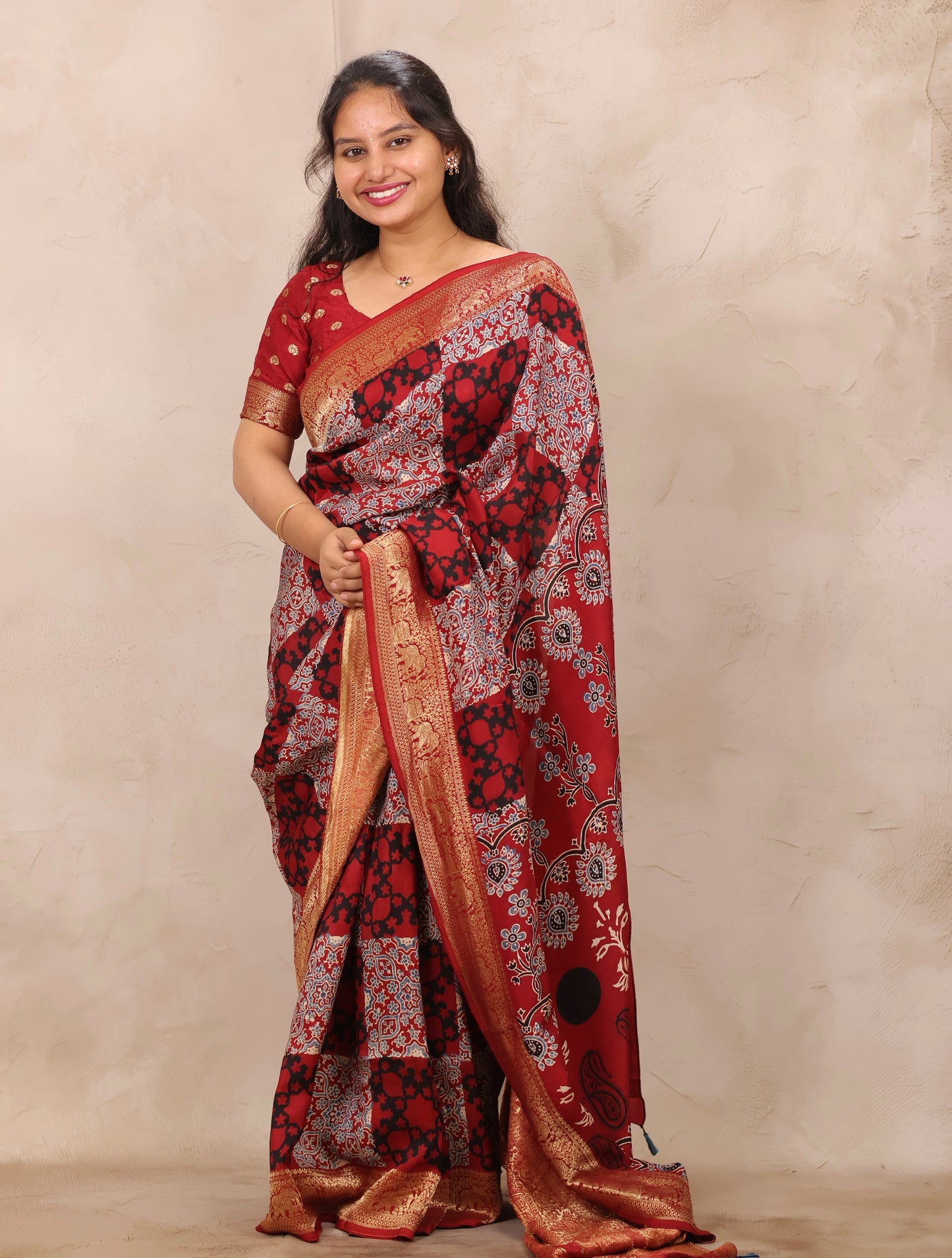 Red Ajrakh Handblock printed Dola Silk Saree | Looms & Tassels