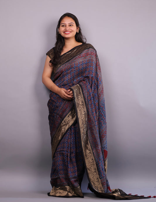 Indigo Blue Geometrical Pattern Ajrakh Handblock printed Dola Silk Saree | Looms & Tassels