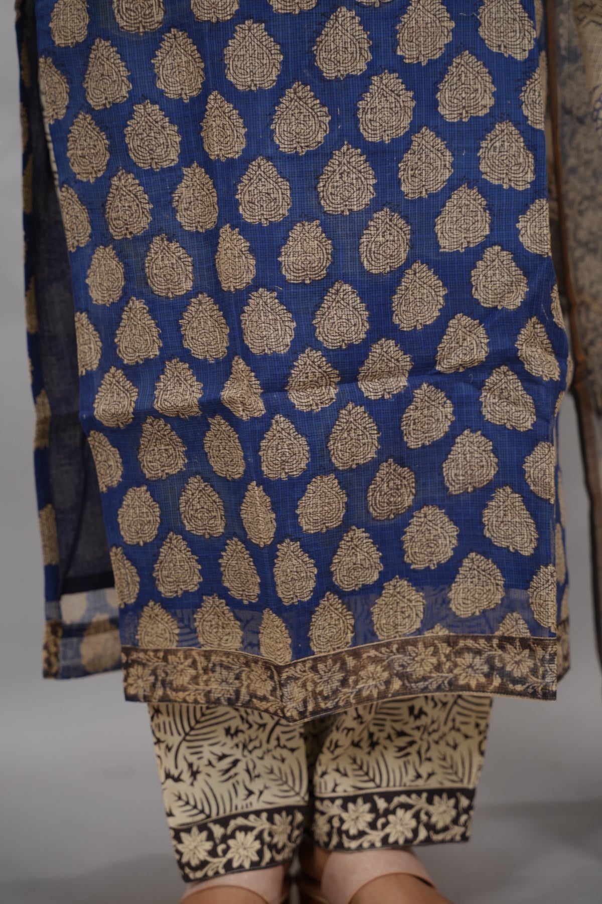 Blue Handblock printed kota 3 piece suit (stitched) | Looms & Tassels