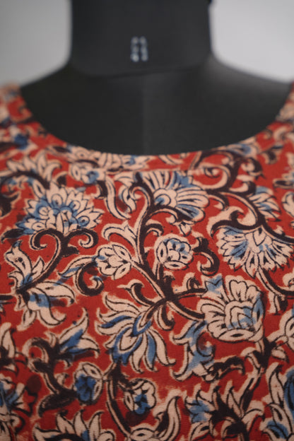 Maroon Boat Neck Stretchable Hand block printed kalamkari blouse