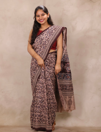 Brown Hand Block Printed Kalamkari Cotton Saree | Looms & Tassels