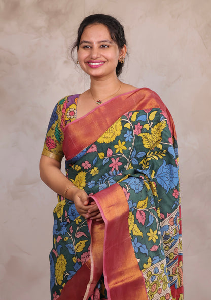 Hand Drawn Pen Kalamkari Pachi Green And Pink Bangalore Silk Kanchi Border Saree | Looms & Tassels