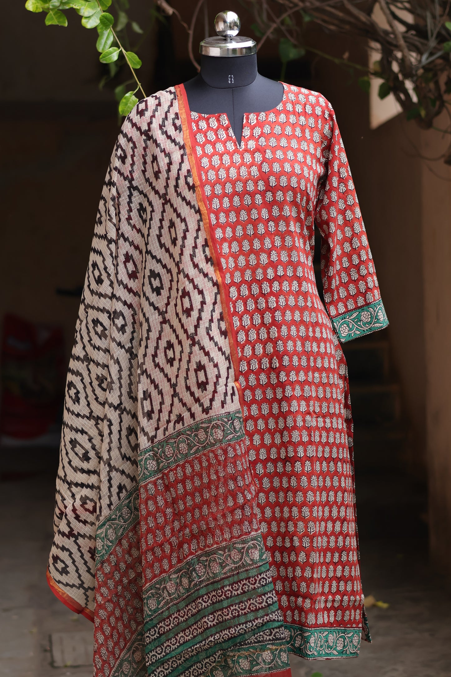 Maroon Handblock printed Pure Mul Cotton with Kota Doria Duppata 3 piece suit (stitched)