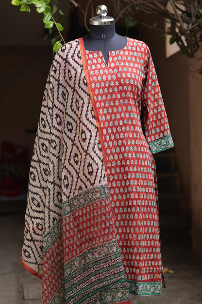 Maroon Handblock printed Pure Mul Cotton with Kota Doria Duppata 3 piece suit (stitched)