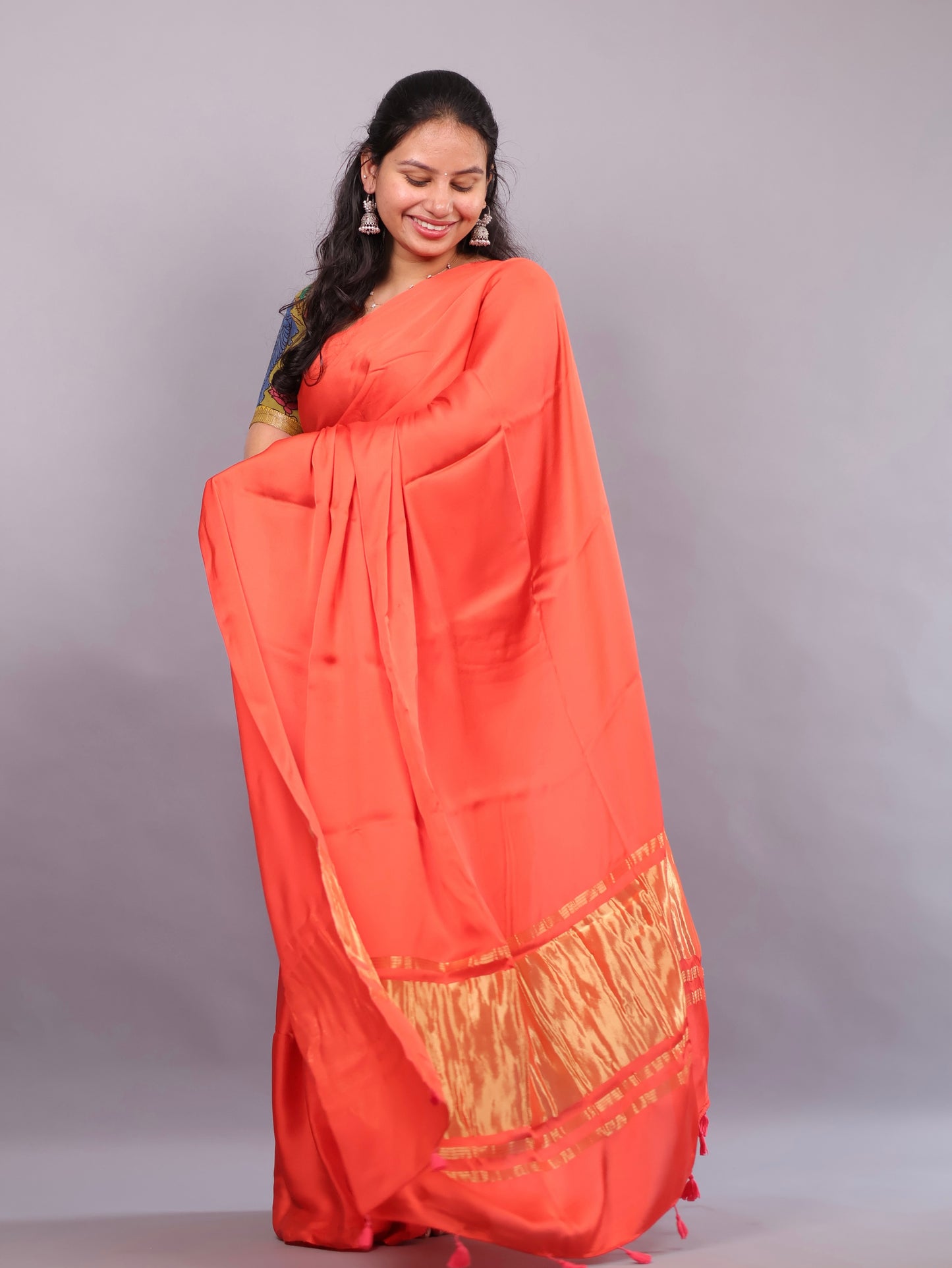 Orange Plain Modal Silk Saree with Lagdi Pallu | Looms & Tassels