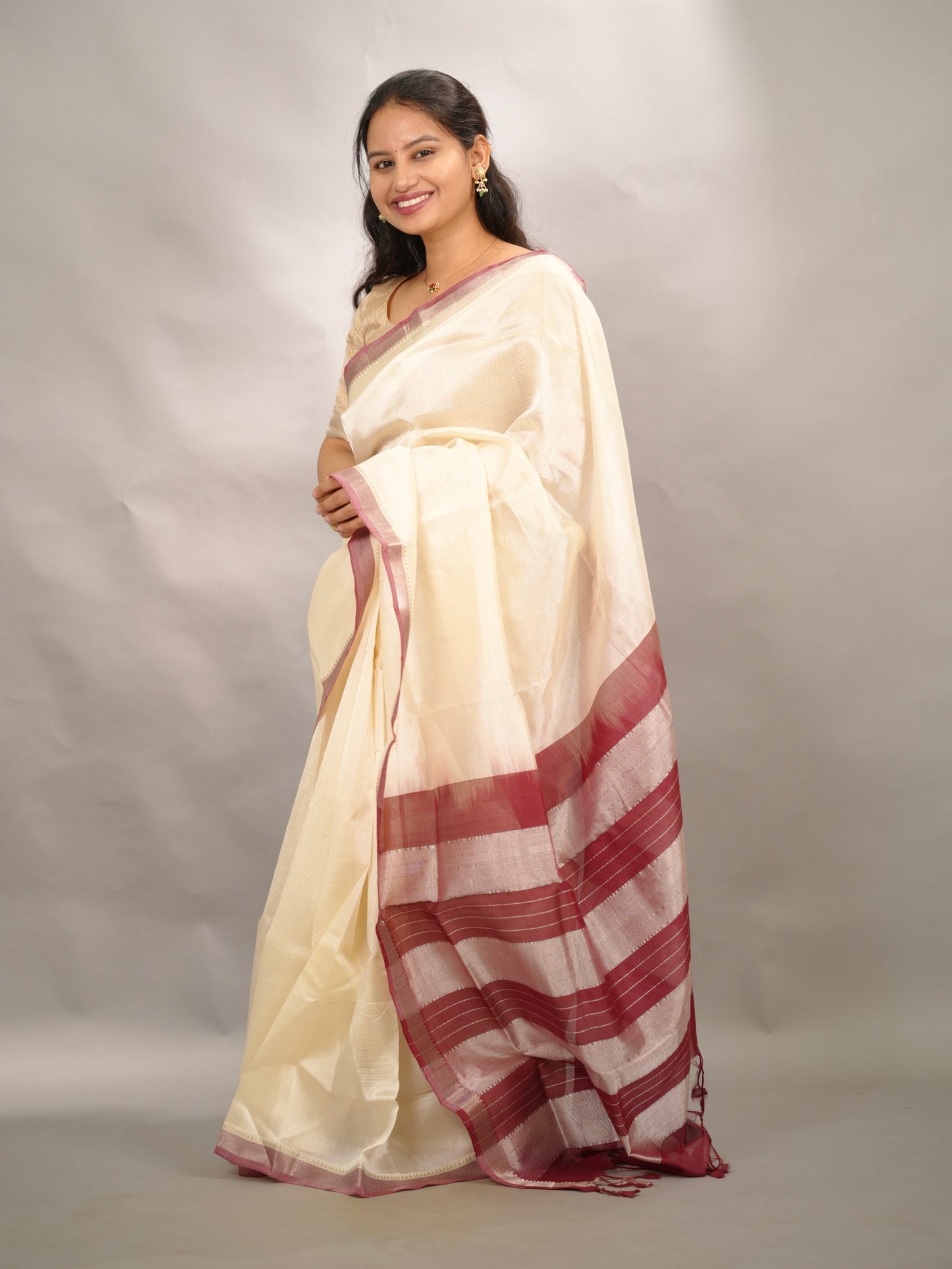 Off White & Maroon Handloom Mangalagiri Silk Saree| Looms & Tassels