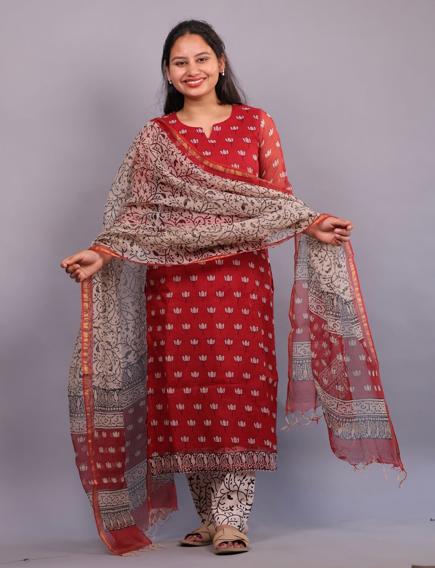Red Lotus Handblock printed kota 3 piece suit (stitched)