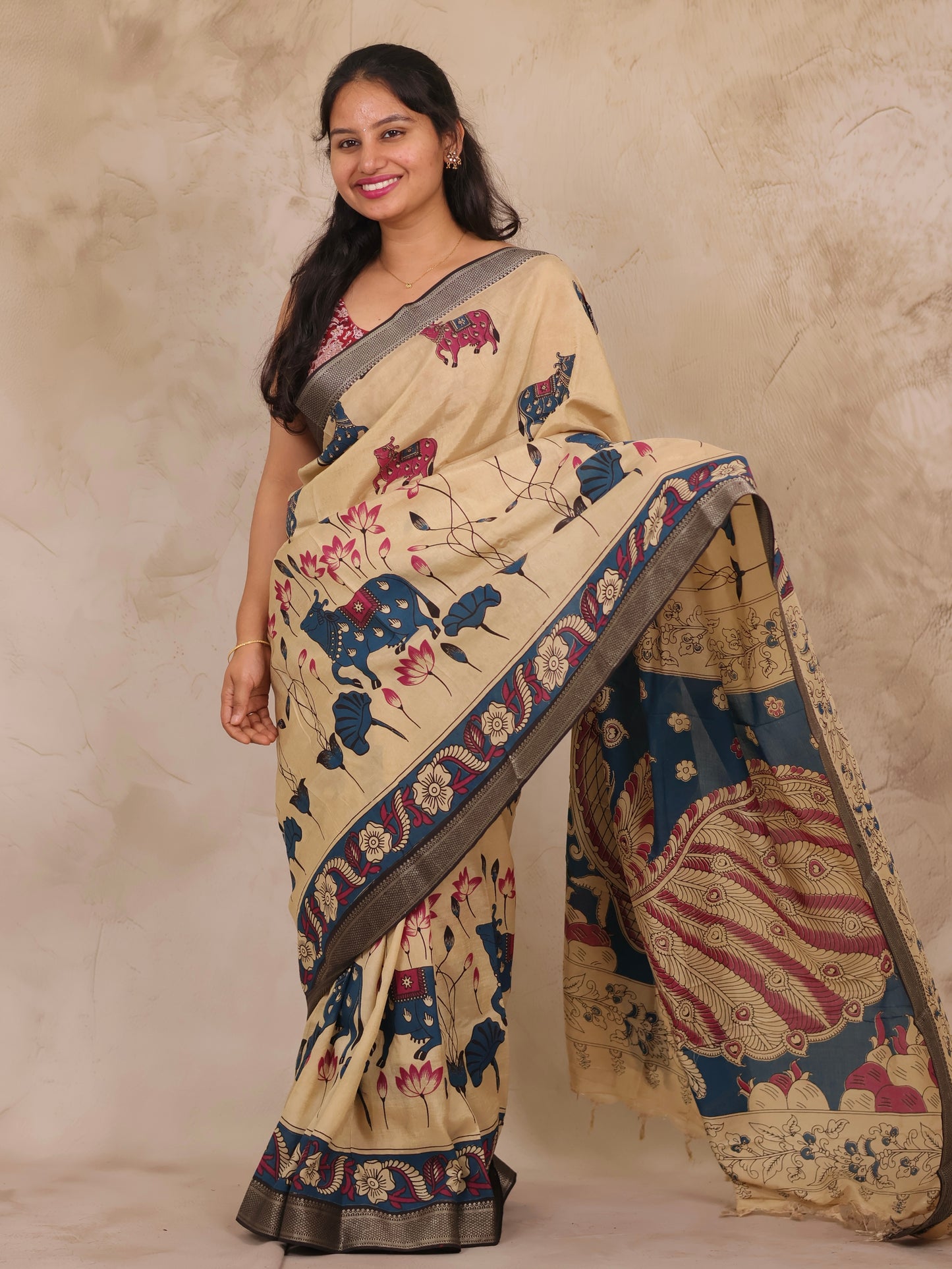 Cream Pichwai Design Kalamkari Nizam Border Chennur Silk Saree | Looms & Tassels