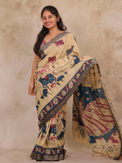 Cream Pichwai Design Kalamkari Nizam Border Chennur Silk Saree | Looms & Tassels