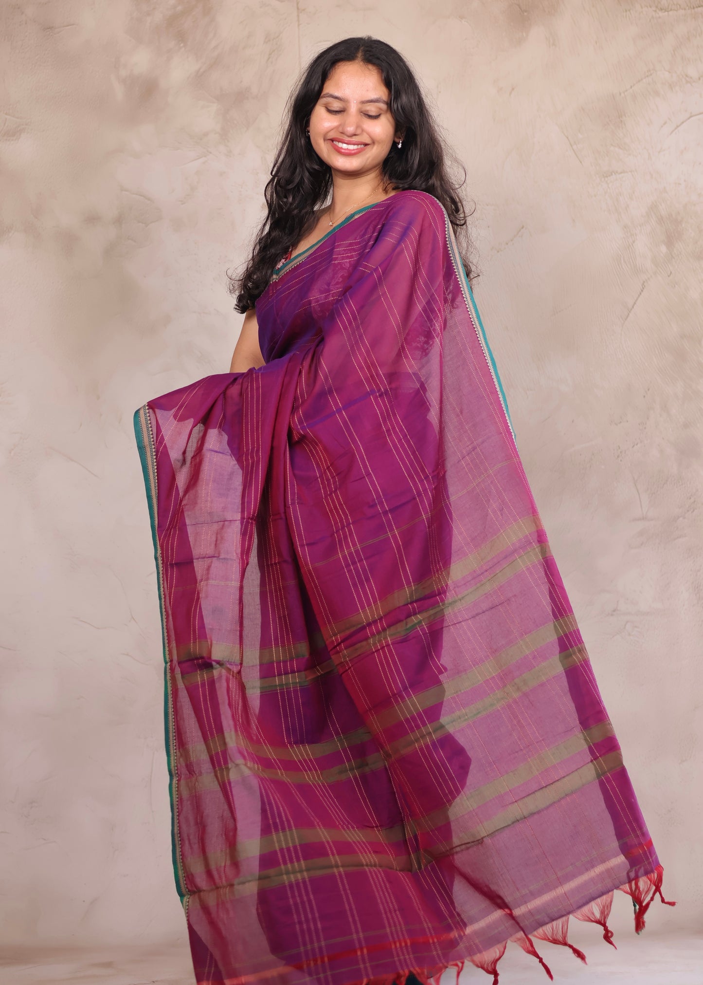 Purple Narayanpet Cotton Saree lines weaving | Looms & Tassels