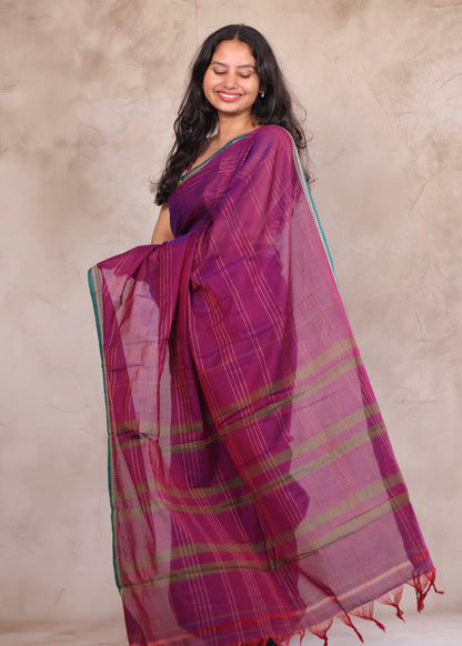 Purple Narayanpet Cotton Saree lines weaving | Looms & Tassels