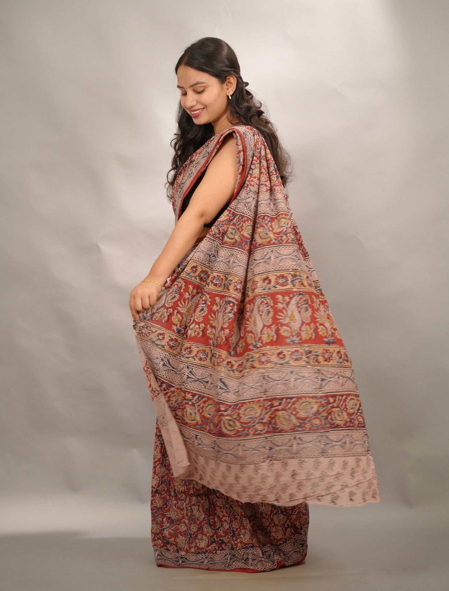 Red Hand Block Printed Kalamkari Cotton Saree | Looms & Tassels