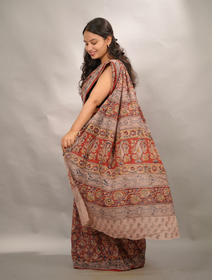 Red Hand Block Printed Kalamkari Cotton Saree | Looms & Tassels