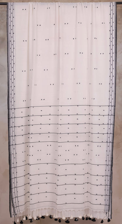 White Malai Cotton Saree with Butta Weaving | Looms & Tassels