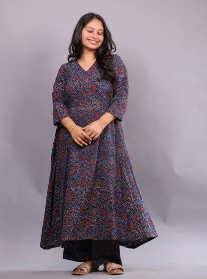 Indigo Ajrakh Handblock Printed Kali Kurti Co-ord Set (Pure Cotton ) | Looms & Tassels