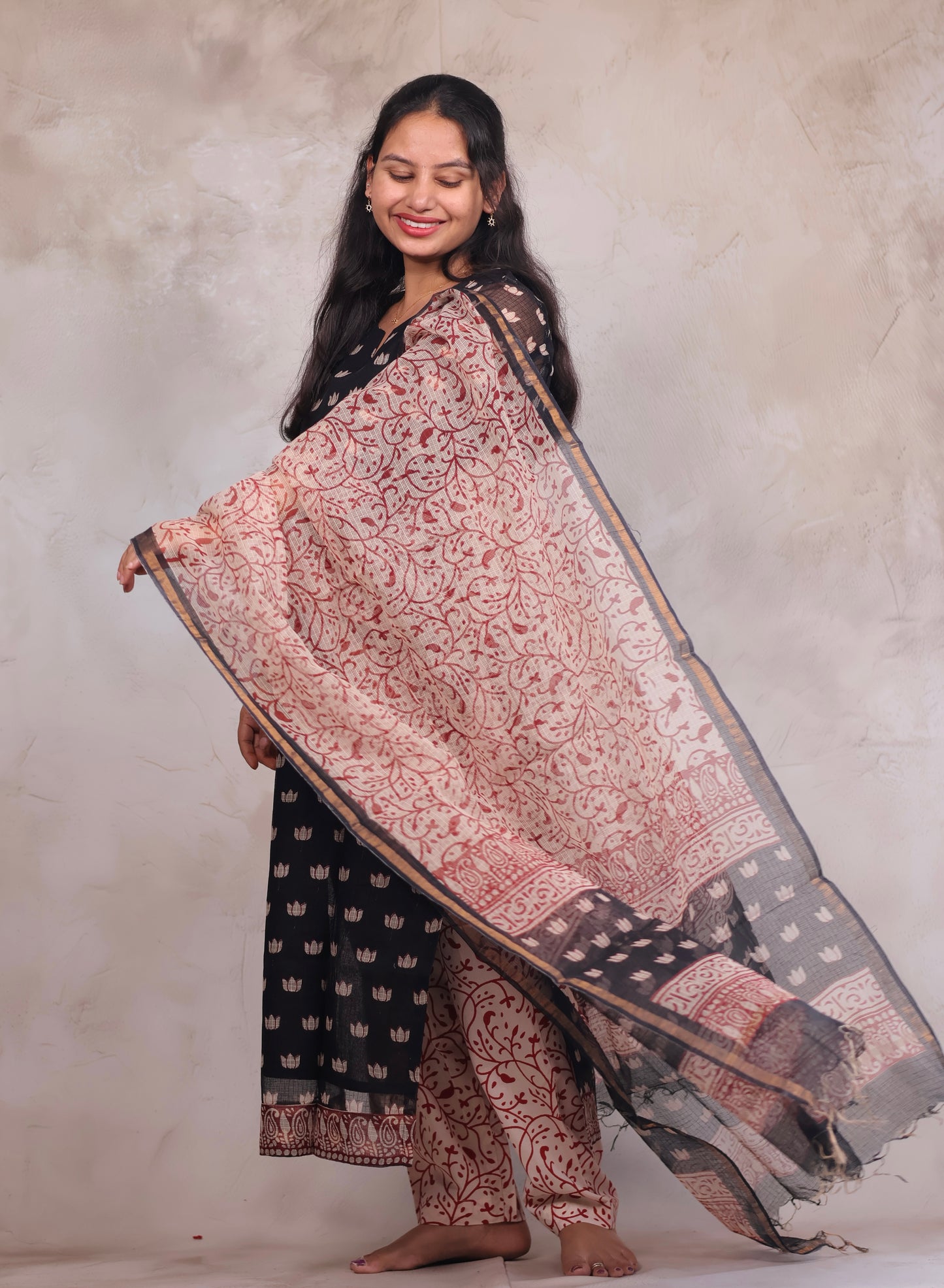 Black Handblock printed kota 3 piece suit (stitched)