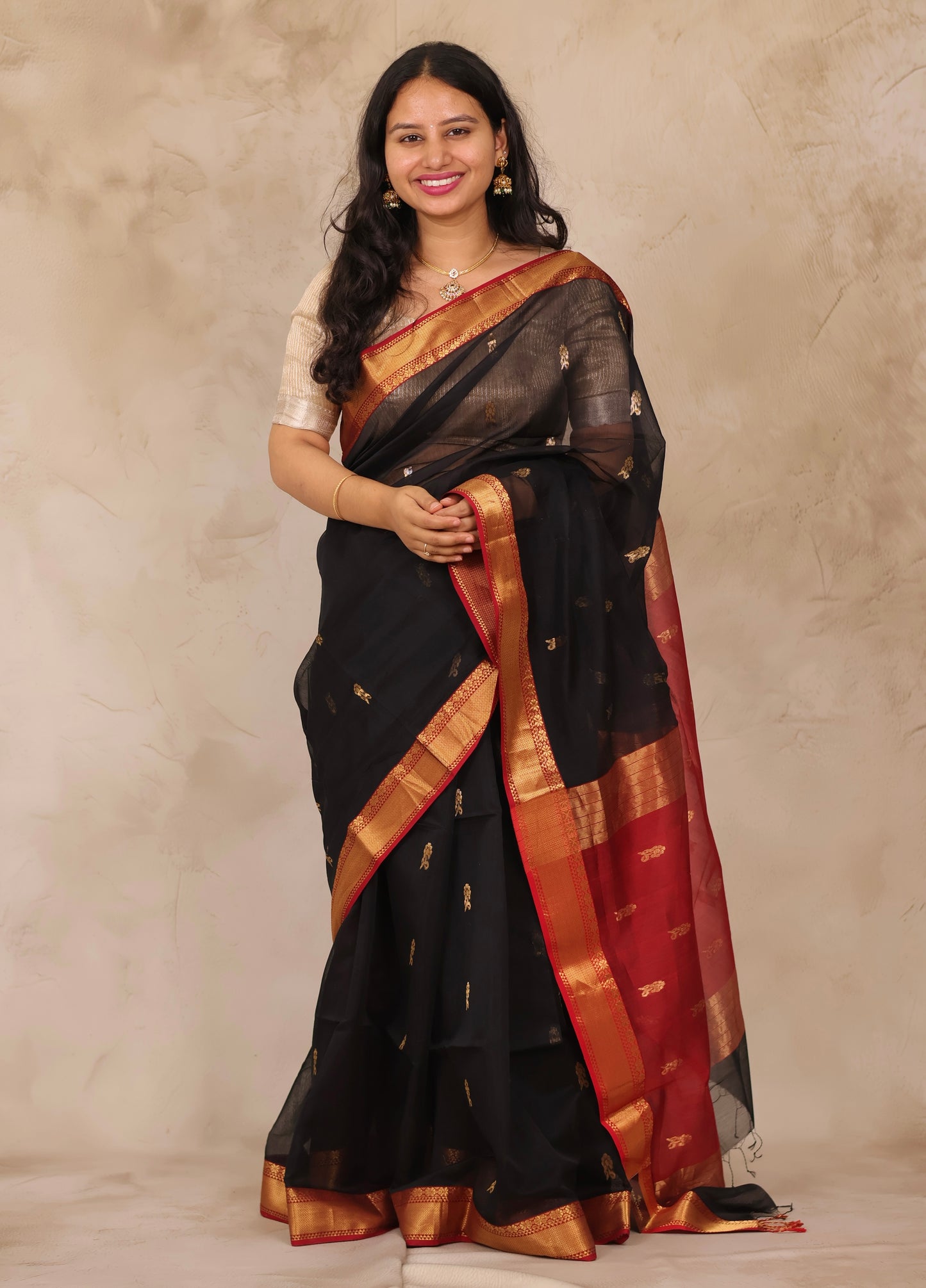 Black & Red Handloom Maheswari Silk Cotton Sarees | Looms & Tassels