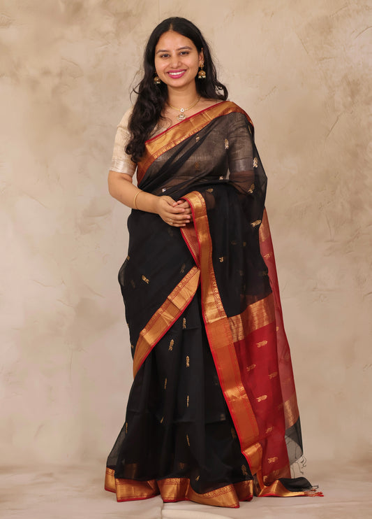 Black & Red Handloom Maheswari Silk Cotton Sarees | Looms & Tassels