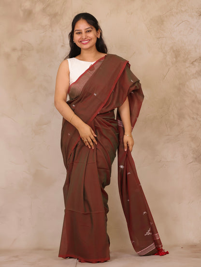 Dual Shade Brown Malai Cotton Saree with Butta Weaving | Looms & Tassels