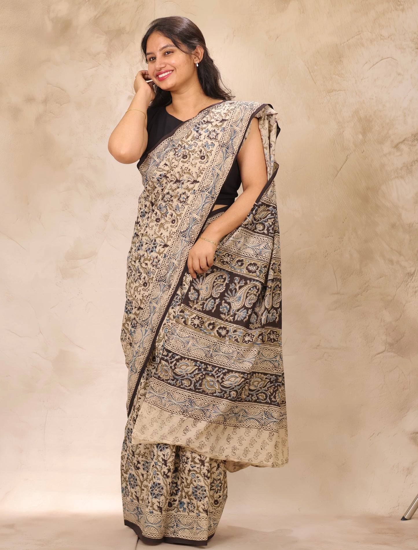 Cream Hand Block Printed Kalamkari Cotton Saree | Looms & Tassels