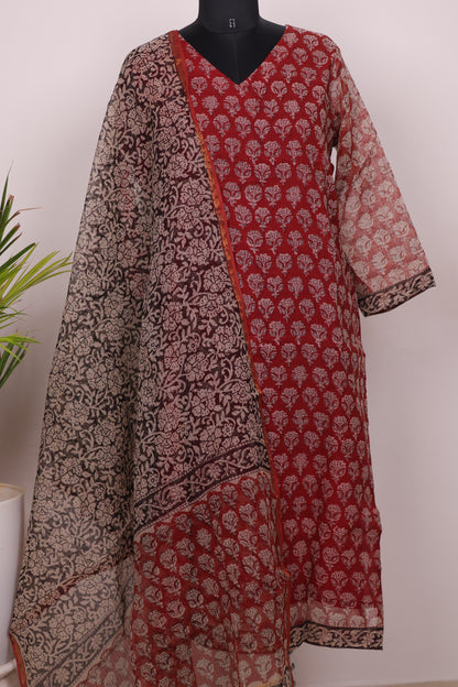Maroon Handblock printed kota 3 piece suit (stitched)