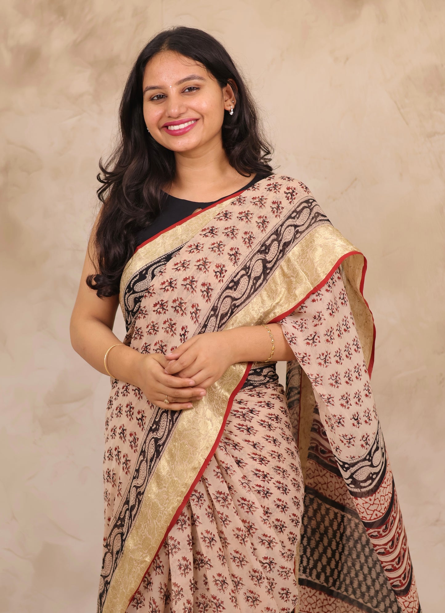 Cream Chiffon Hand Block Printed Saree with Jari Border | Looms & Tassels