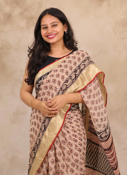 Cream Chiffon Hand Block Printed Saree with Jari Border | Looms & Tassels