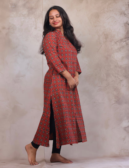 Red Ajrakh Hand Block Printed Kurti | Looms & Tassels