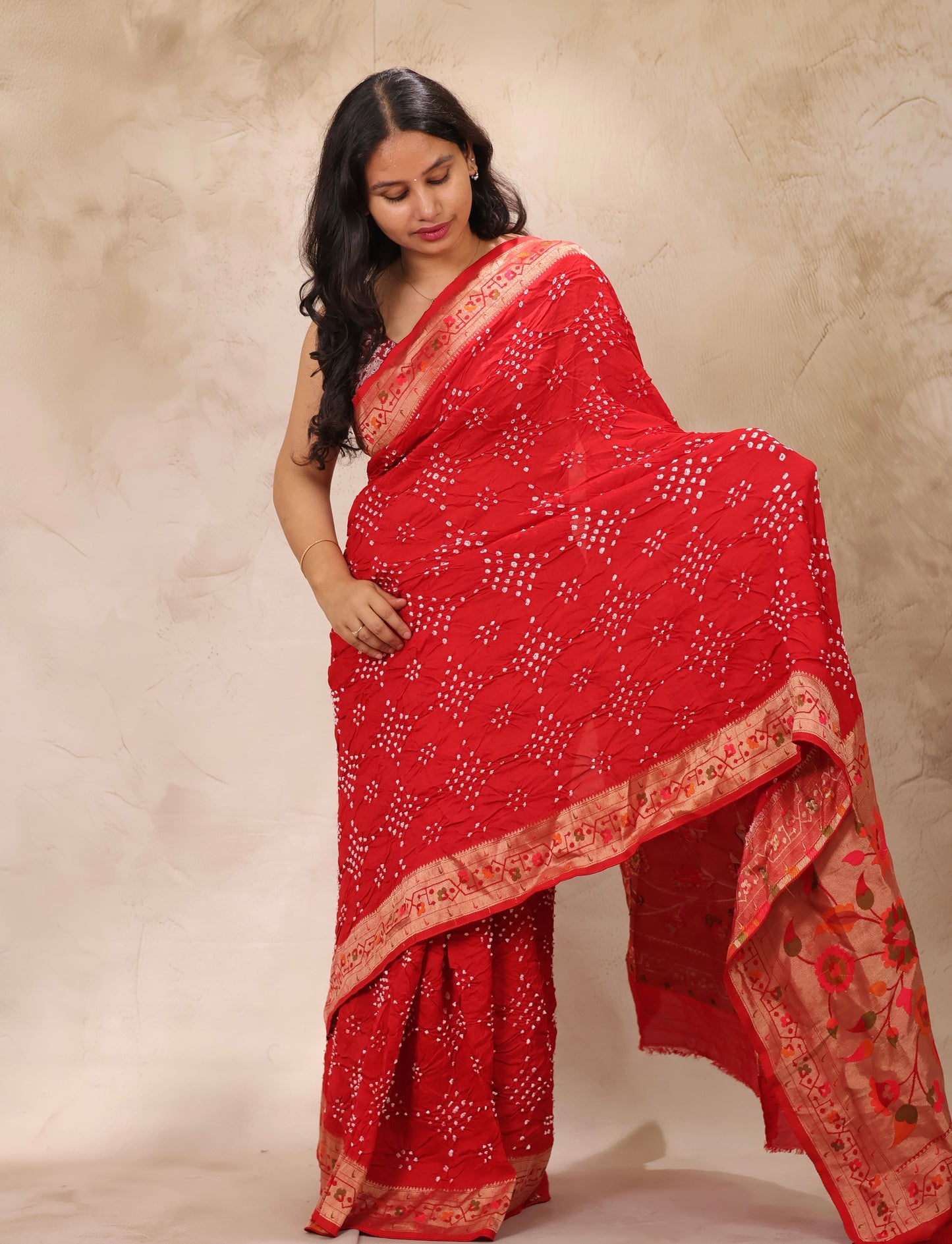 Red Handcrafted Pattern Bandhani Paithani Dola Silk Saree | Looms & Tassels