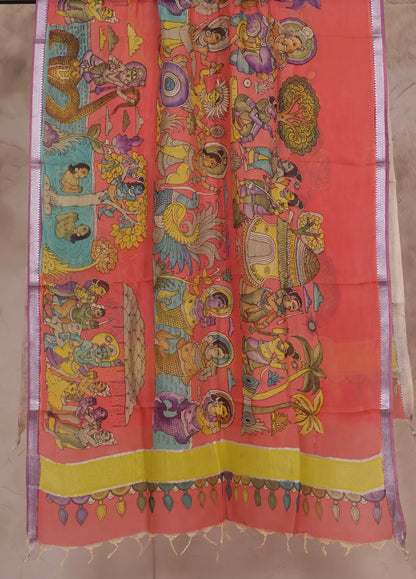Peach Pen Kalamkari Mangalagiri silk Dupatta