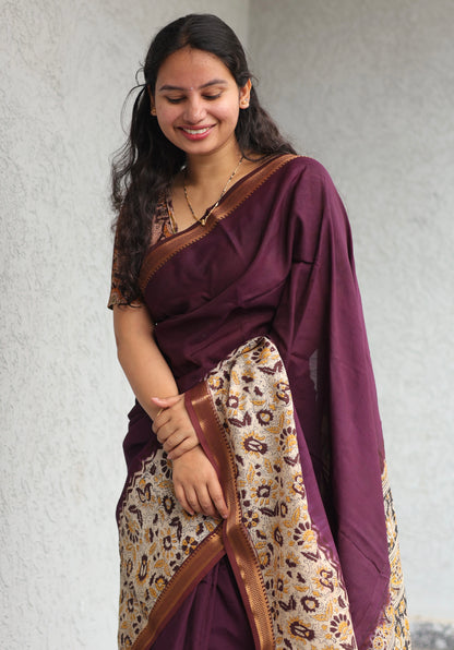 Purple Kalamkari dyeing premium chennur silk with hand block print saree