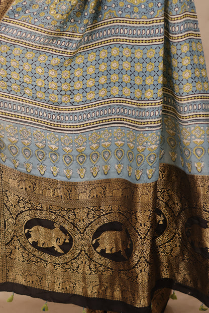 Sky Blue Ajrakh Handblock printed Dola Silk Saree | Looms & Tassels
