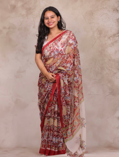 Red Chiffon Hand Block Printed Saree | Looms & Tassels