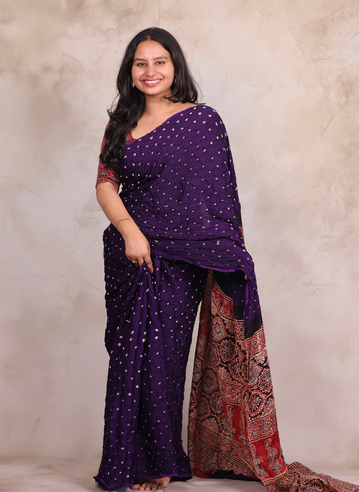 Purple Hand Knotted Bandhej Modal Silk Saree with Ajrakh Pallu | Looms & Tassels
