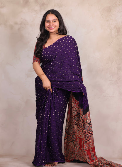 Purple Hand Knotted Bandhej Modal Silk Saree with Ajrakh Pallu | Looms & Tassels