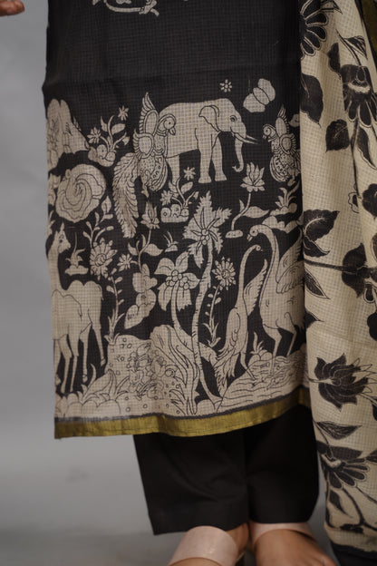 Black Kalamkari Kota Cotton 3 piece suit (stitched) | Looms & Tassels