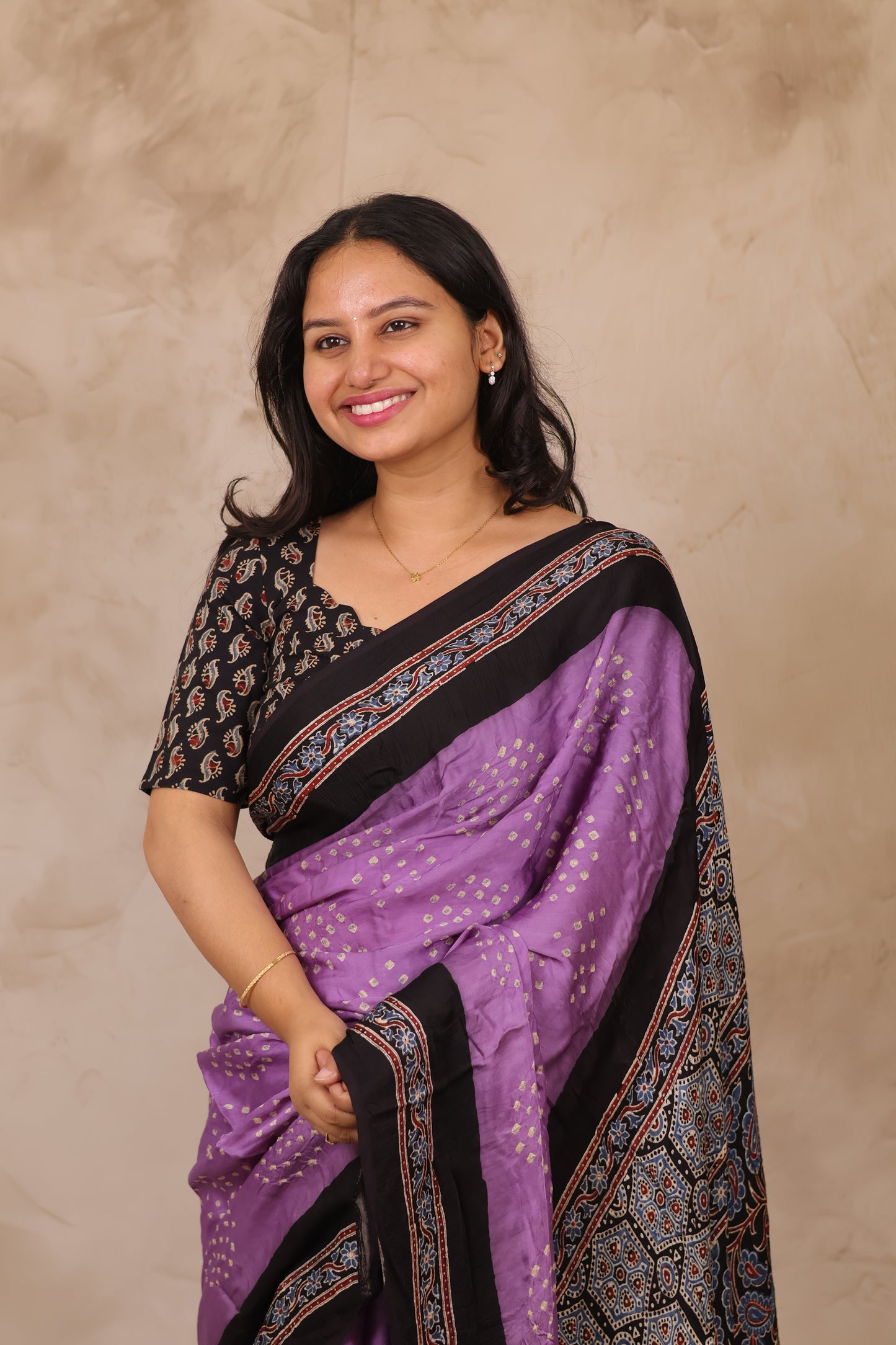 Lavender Hand Knotted Bandhej Arakh Modal Silk Saree with Lagdi Pallu | Looms & Tassels