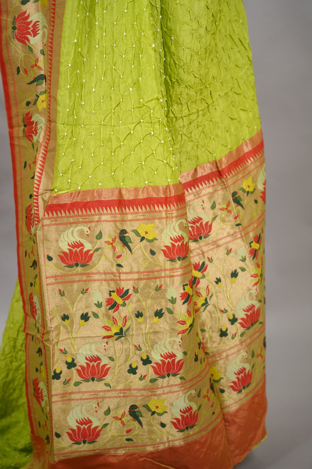 Parrot Green Handcrafted Bandhani Paithani Dola Silk Saree | Looms & Tassels
