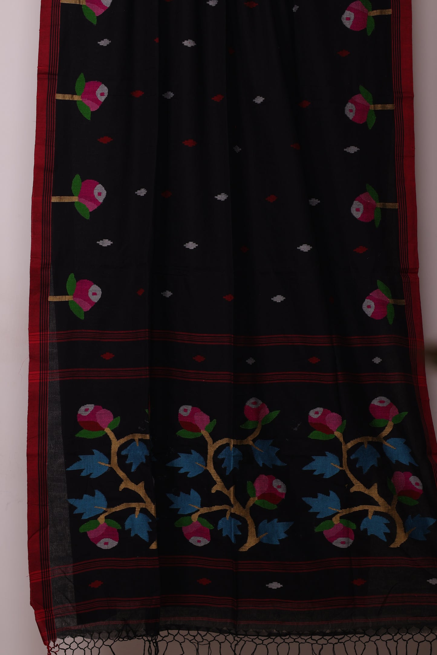 Black Pure Handwoven Jamdhani Malai Cotton Saree