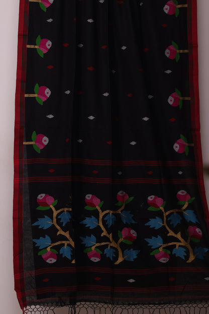 Black Pure Handwoven Jamdhani Malai Cotton Saree