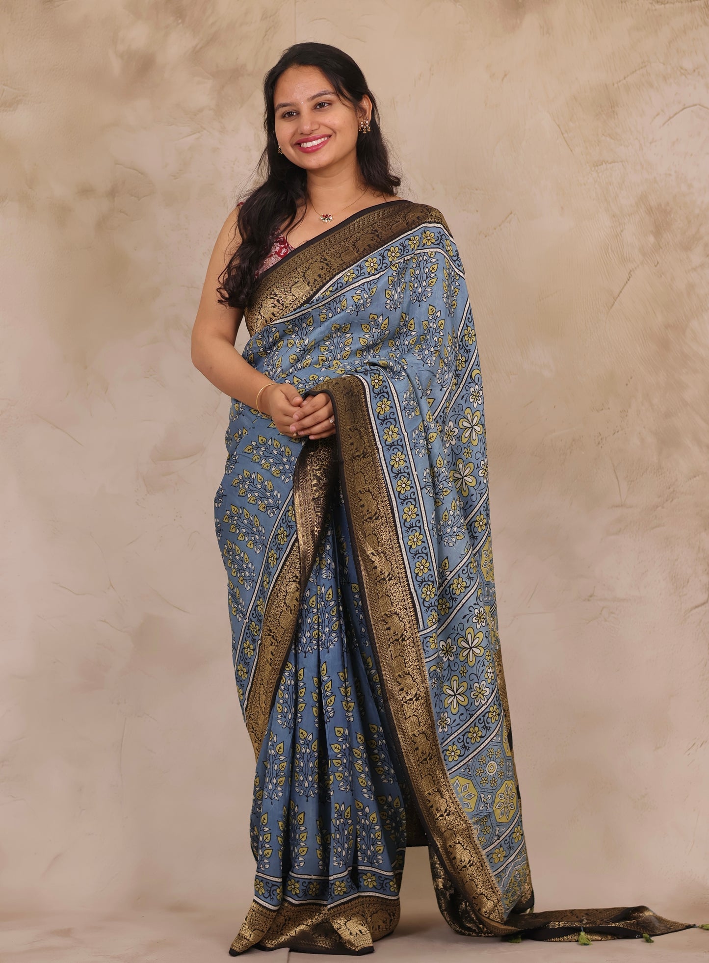 Sky Blue Ajrakh Handblock printed Dola Silk Saree | Looms & Tassels