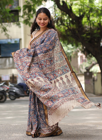 Blue Hand Block Printed Kalamkari Nizam Border Silk Sare