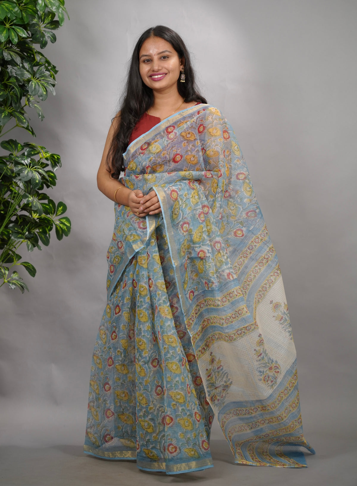 Powder Blue Pure Kota Doria Saree with Bagru Handblock Prints