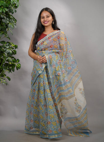 Powder Blue Pure Kota Doria Saree with Bagru Handblock Prints